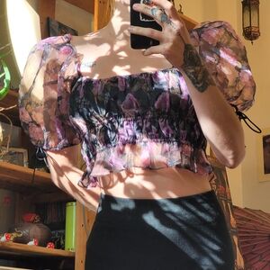 For Love & Lemons Sunshine Sheer Floral Puff Sleeve Crop Top - Size S